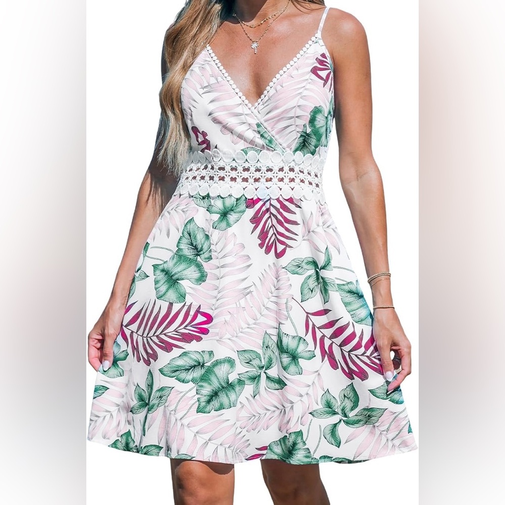 Cupshe Woman’s XL Tropical Crochet Floral V-Neck Summer Mini Dress Vacay Resoort